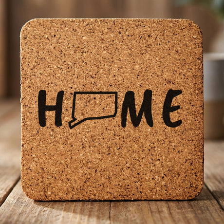 Connecticut square cork coaster engraved with HOME using the state outline as the letter O