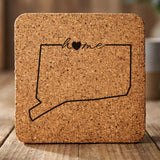 Connecticut square cork coaster engraved with the state outline and home in script with a heart