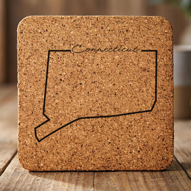 Connecticut square cork coaster engraved with the state outline and Connecticut in script lettering