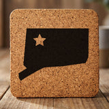 Connecticut square cork coaster engraved with the state shape and a star