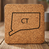 Connecticut square cork coaster engraved with the state outline and CT initials