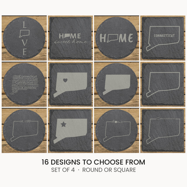 Connecticut slate coaster set, laser engraved natural stone