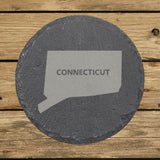 Connecticut round slate coaster engraved with the state shape and CONNECTICUT in bold lettering
