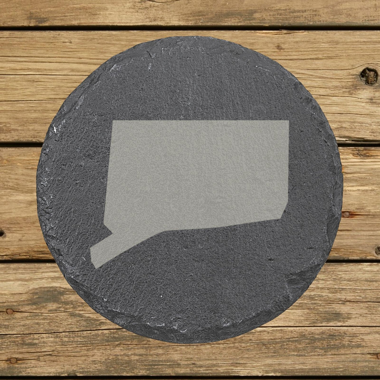 Connecticut round slate coaster with the full state shape engraved