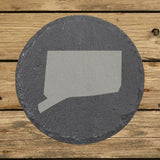 Connecticut round slate coaster with the full state shape engraved