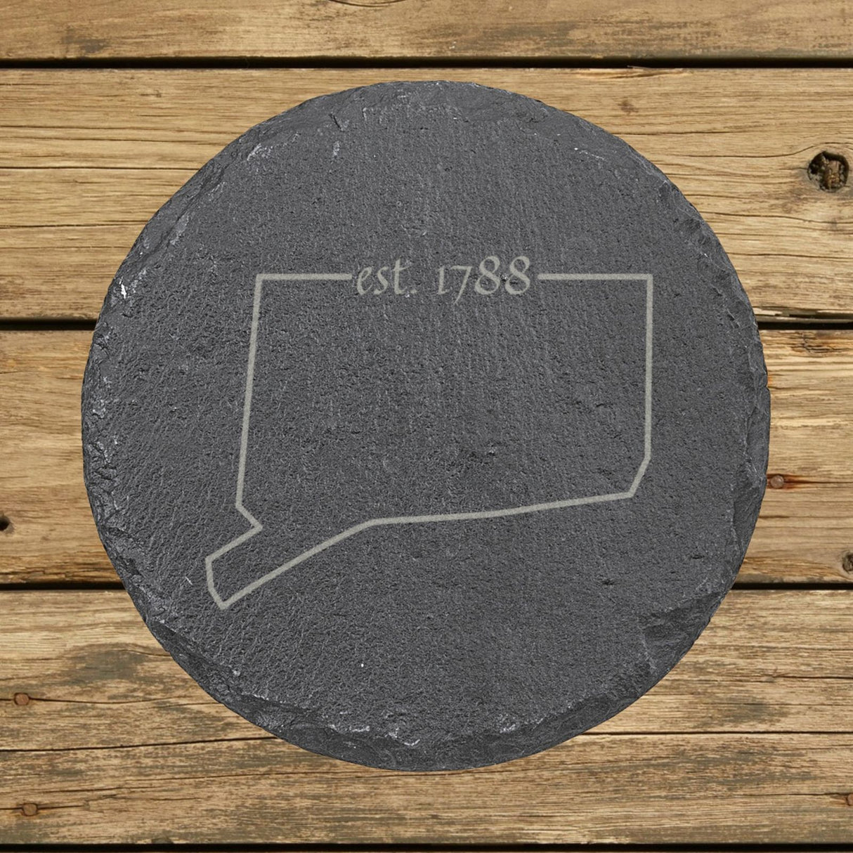 Connecticut round slate coaster engraved with the state outline and est. 1788