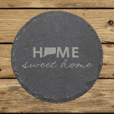 Connecticut round slate coaster engraved with HOME sweet home using the state shape as the letter O