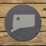 Connecticut round slate coaster engraved with the state shape and a star