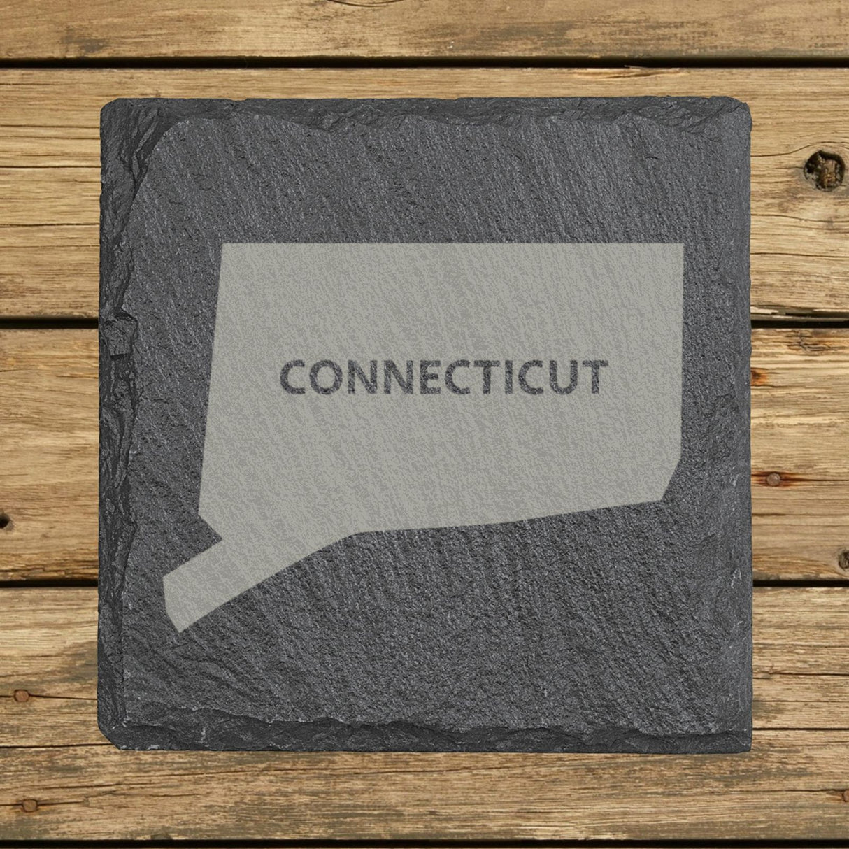 Connecticut square slate coaster engraved with the state shape and CONNECTICUT in bold lettering