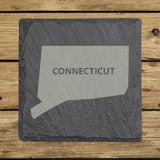 Connecticut square slate coaster engraved with the state shape and CONNECTICUT in bold lettering