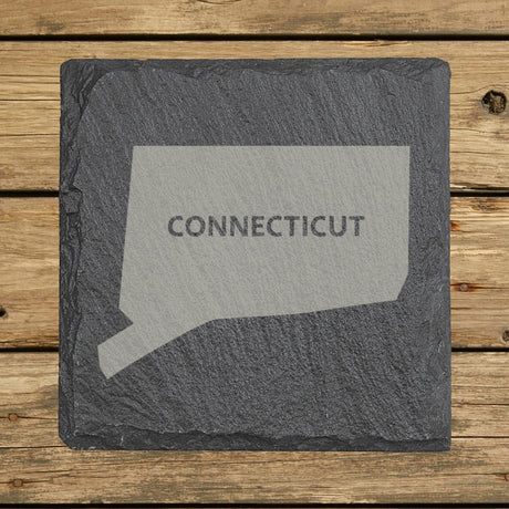 Connecticut square slate coaster engraved with the state shape and CONNECTICUT in bold lettering