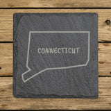 Connecticut square slate coaster engraved with the state outline and CONNECTICUT in hand-drawn brush lettering