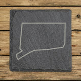 Connecticut square slate coaster engraved with a clean state outline
