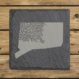 Connecticut square slate coaster engraved with the state shape in ornate floral scrollwork