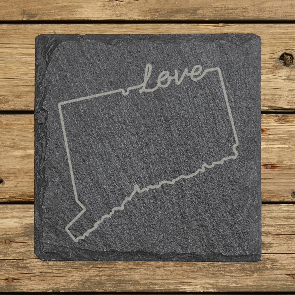 Connecticut square slate coaster engraved with a hand-drawn state outline and love in cursive