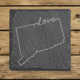 Connecticut square slate coaster engraved with a hand-drawn state outline and love in cursive