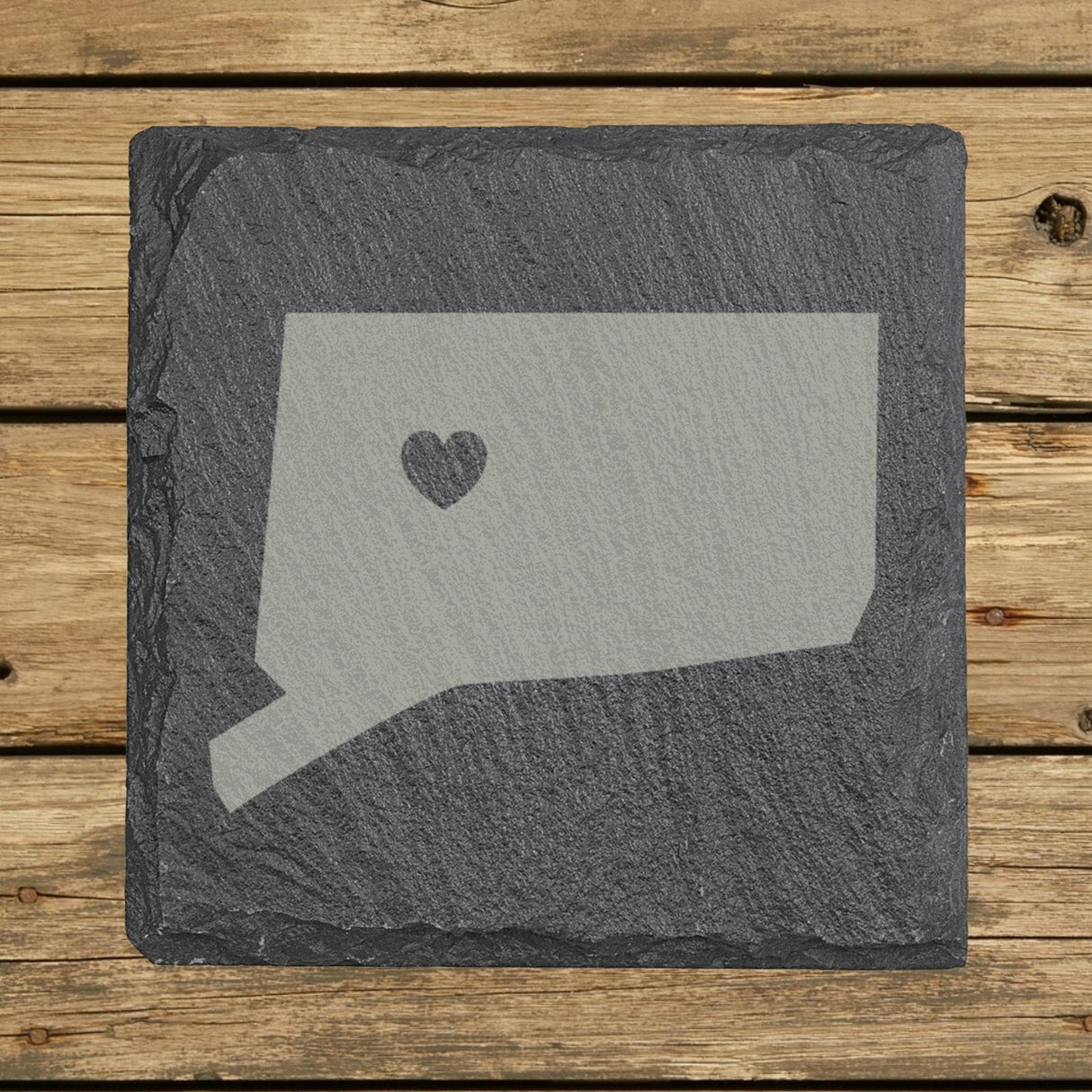 Connecticut square slate coaster engraved with the state shape and a heart