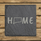 Connecticut square slate coaster engraved with HOME using the state outline as the letter O