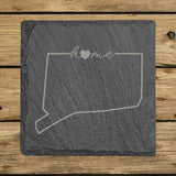 Connecticut square slate coaster engraved with the state outline and home in script with a heart