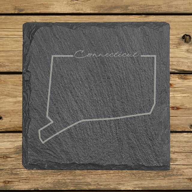 Connecticut square slate coaster engraved with the state outline and Connecticut in script lettering