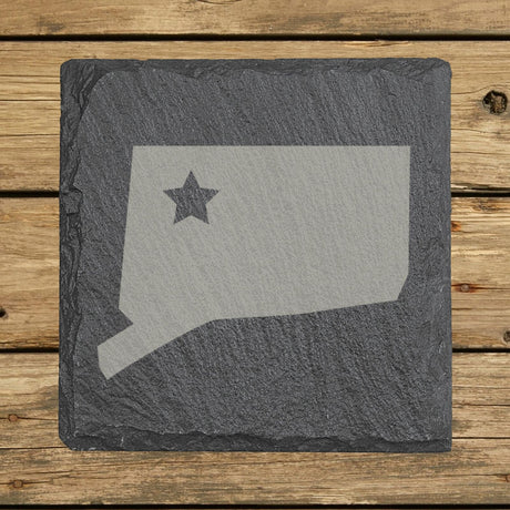 Connecticut square slate coaster engraved with the state shape and a star