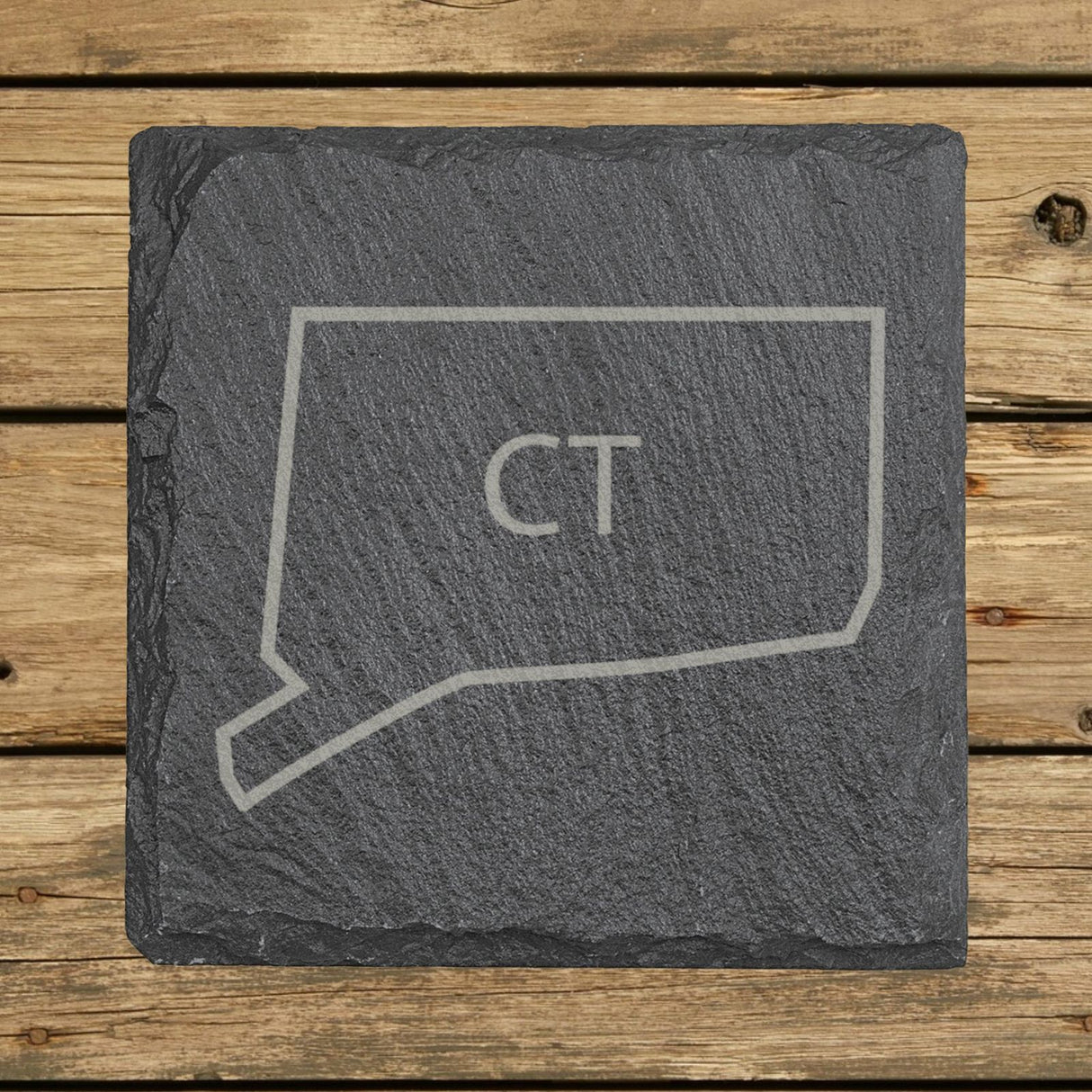 Connecticut square slate coaster engraved with the state outline and CT initials