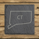 Connecticut square slate coaster engraved with the state outline and CT initials
