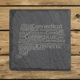 Connecticut square slate coaster engraved with a word cloud of repeating Connecticut text