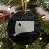 Connecticut round slate Christmas ornament engraved with the state shape and a star