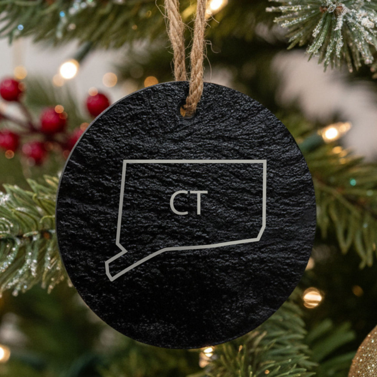 Connecticut round slate Christmas ornament engraved with the state outline and CT initials