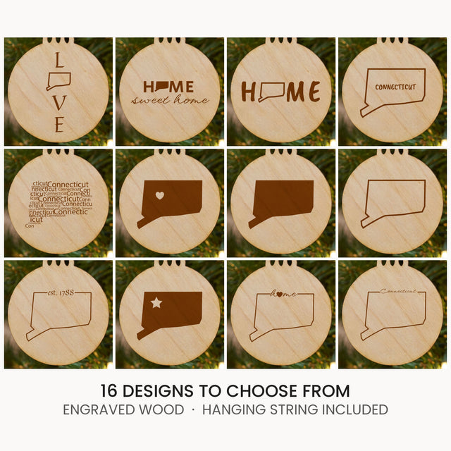 Connecticut wood Christmas ornament, laser engraved natural wood