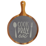 "Cook Pray Eat" Round Acacia Wood/Slate Cutting Board - Laser Engraved