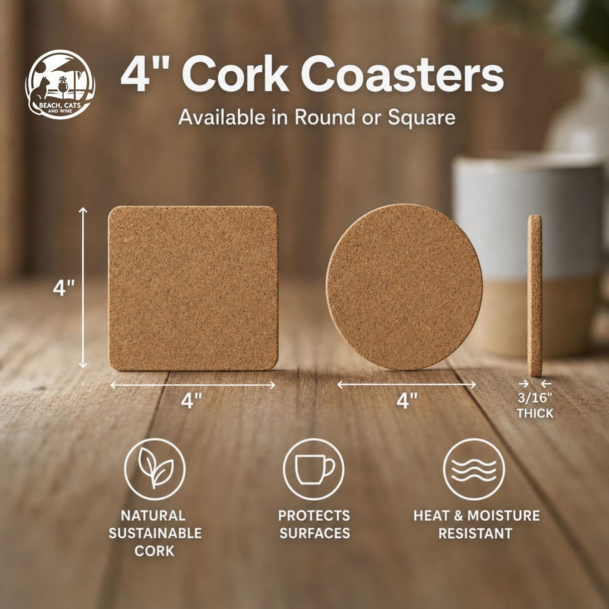 Size chart: 4 inch round and 4 inch square cork coasters, three sixteenths of an inch thick