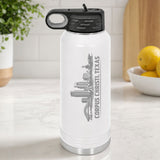 White 32 oz insulated water bottle laser engraved with the Corpus Christi, Texas skyline running up the side, standing on a kitchen counter