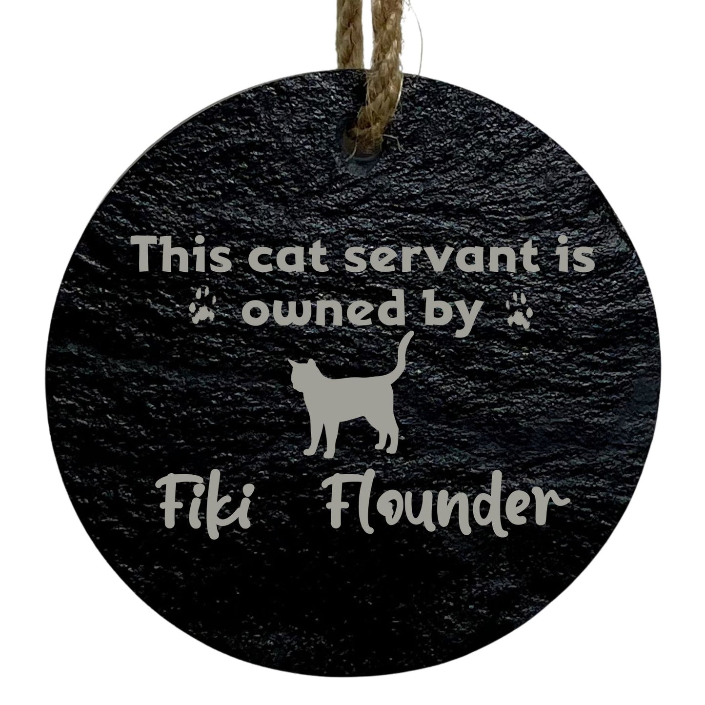 Custom Slate Cat Ornament – 3” Round with Pet’s Name & “Owned By” Design