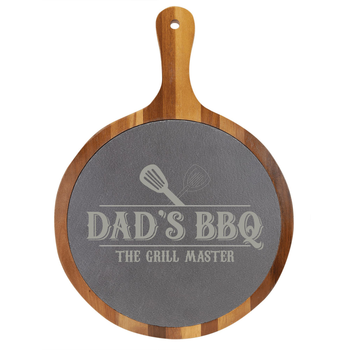 "Dad's BBQ" Round Acacia Wood/Slate Cutting Board - Laser Engraved
