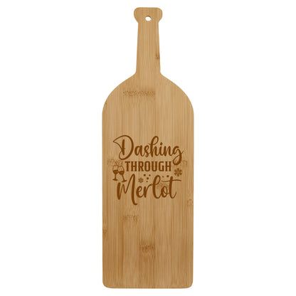 Bamboo Wine Bottle-Shaped Cutting Board – "Dashing Through Merlot" Design