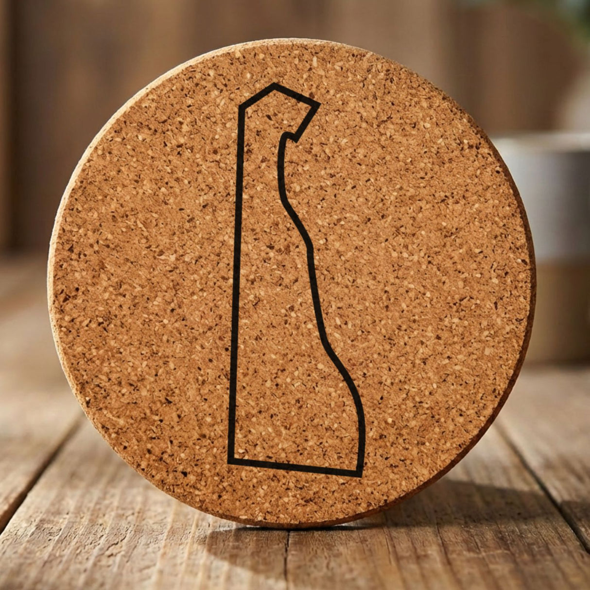 Delaware round cork coaster engraved with a clean state outline
