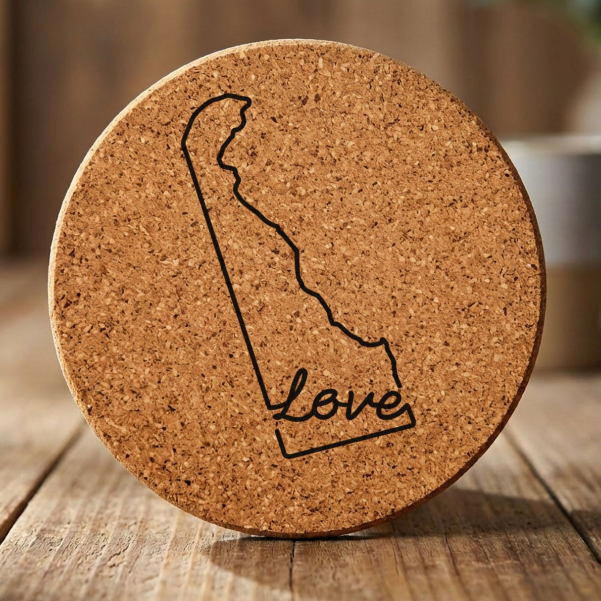 Delaware round cork coaster engraved with a hand-drawn state outline and love in cursive