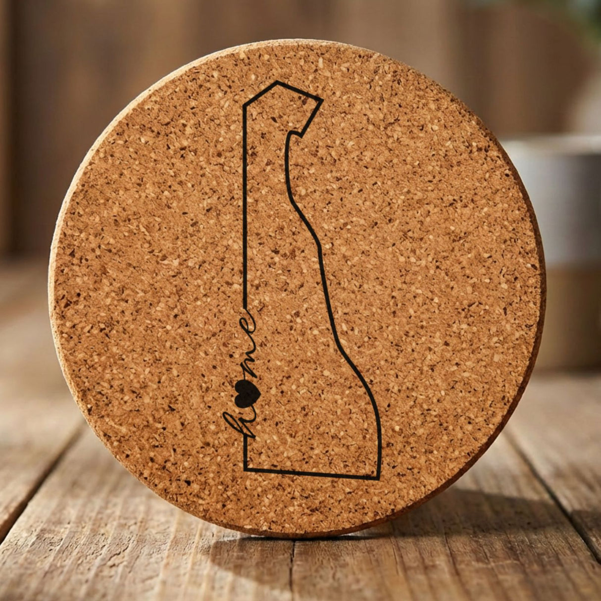 Delaware round cork coaster engraved with the state outline and home in script with a heart