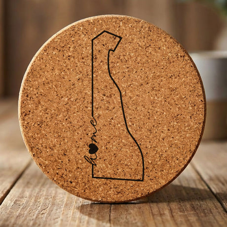Delaware round cork coaster engraved with the state outline and home in script with a heart