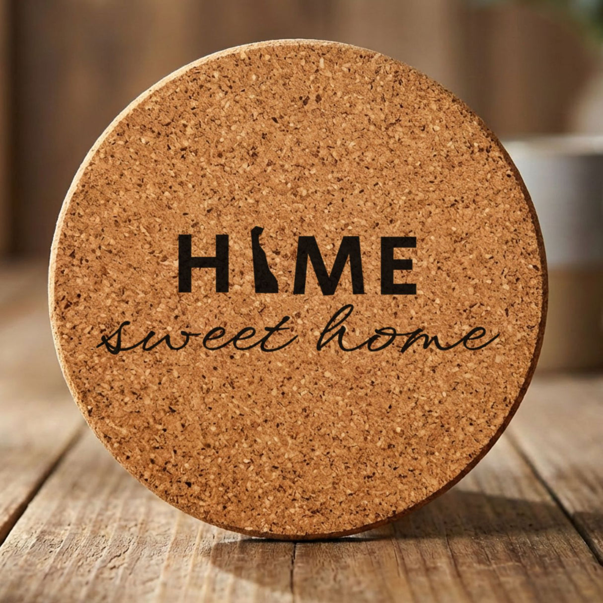 Delaware round cork coaster engraved with HOME sweet home using the state shape as the letter O