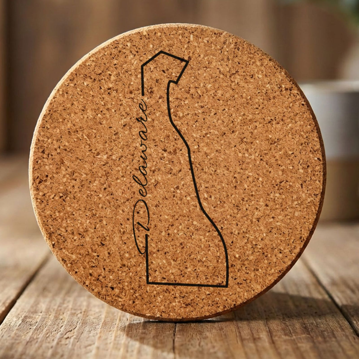 Delaware round cork coaster engraved with the state outline and Delaware in script lettering