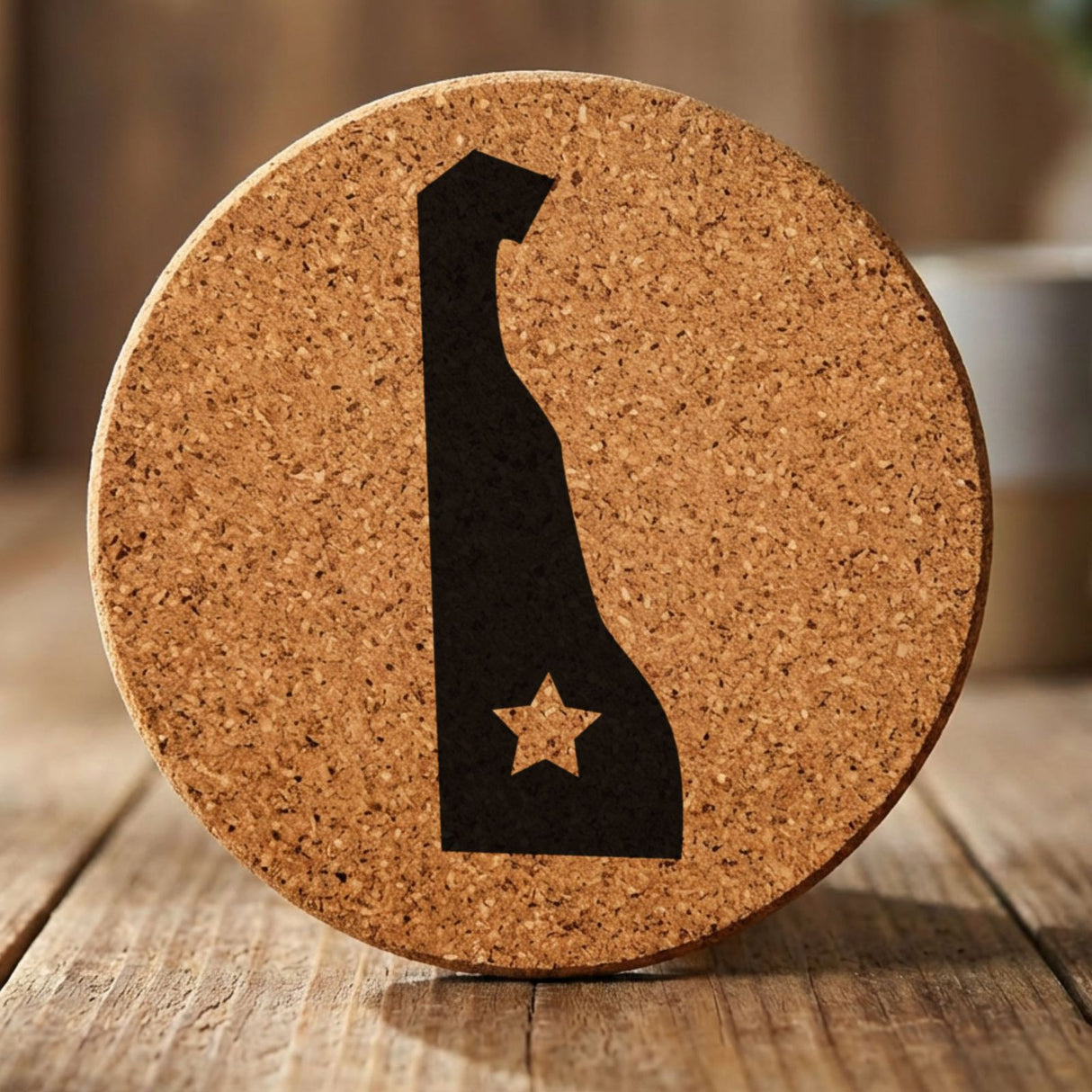Delaware round cork coaster engraved with the state shape and a star