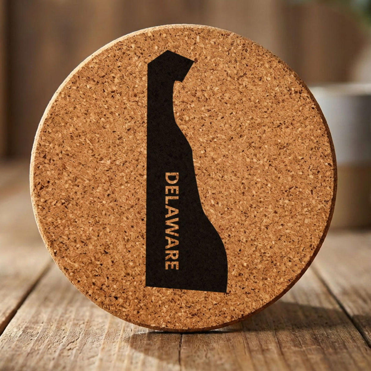 Delaware round cork coaster with the engraved state shape and DELAWARE running vertically
