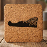 Delaware square cork coaster engraved with the state shape in ornate floral scrollwork