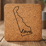 Delaware square cork coaster engraved with a hand-drawn state outline and love in cursive
