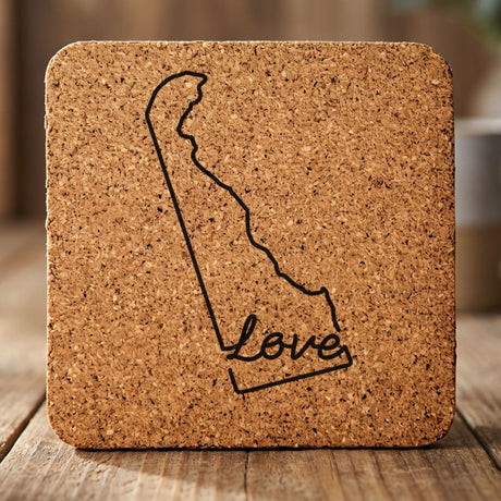 Delaware square cork coaster engraved with a hand-drawn state outline and love in cursive