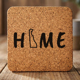 Delaware square cork coaster engraved with HOME using the state outline as the letter O
