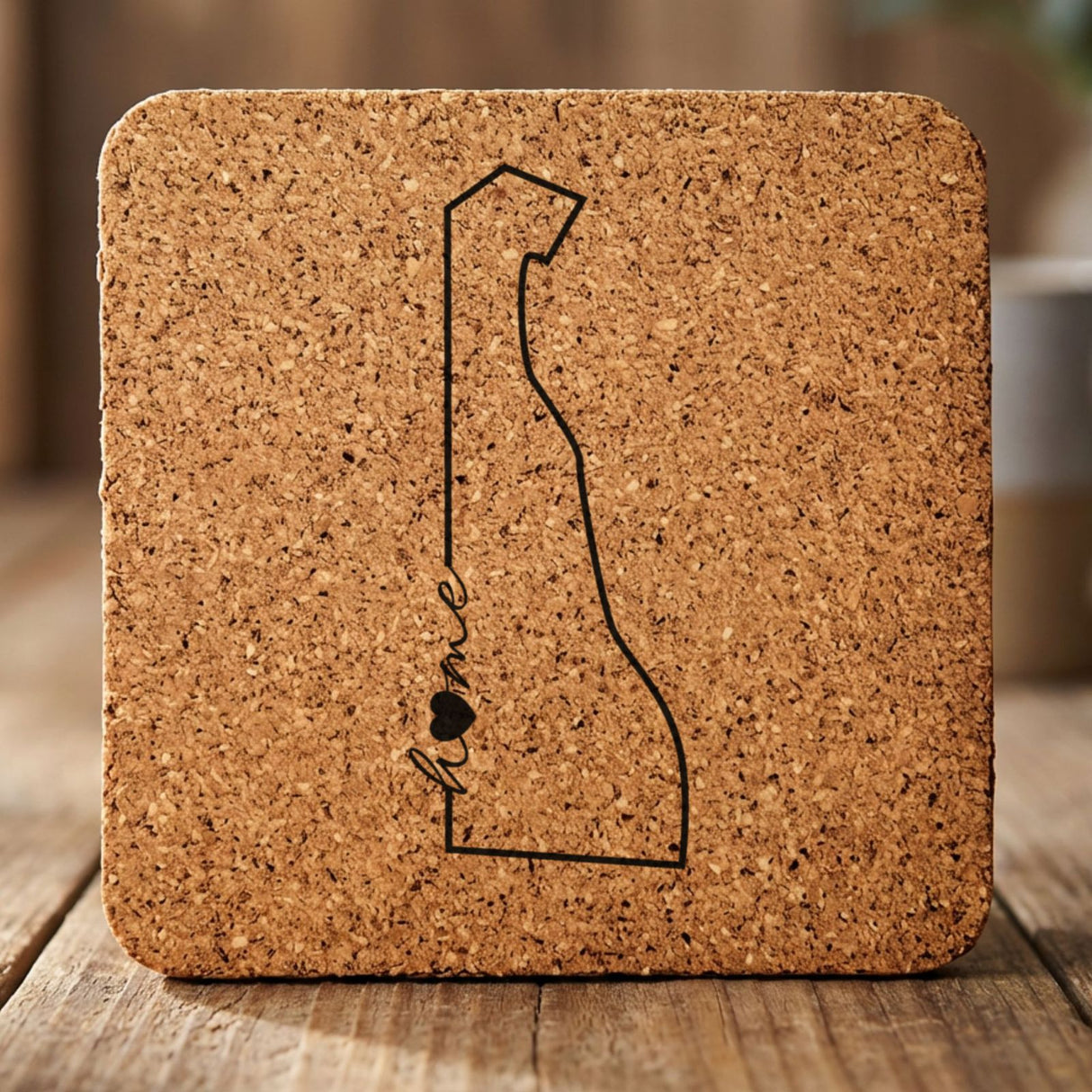 Delaware square cork coaster engraved with the state outline and home in script with a heart